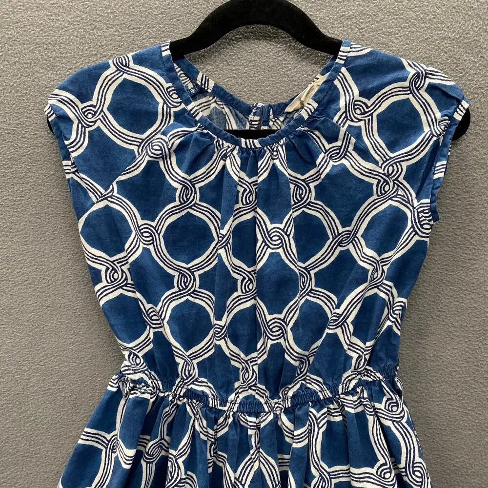 Lands End Kids Fit Flare Dress Girls‎ 6 Blue White Cotton *No Belt/Tie